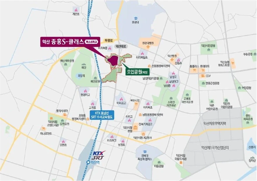 배산, 익산역 및 주변 생활시설 입지 안내도